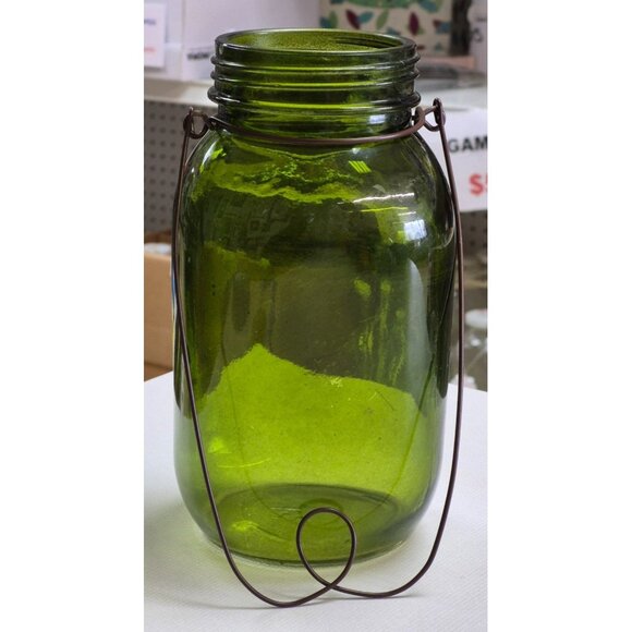 Vintage Green Glass Jar With Wire Handle - Picture 1 of 7